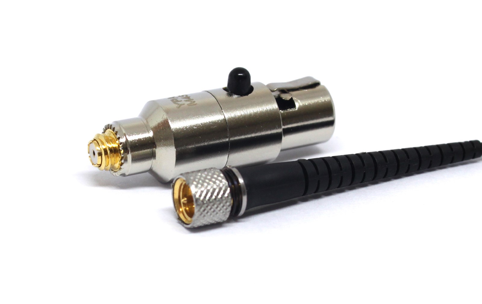 Close-up of a miniature audio adapter and cable connector